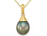 9-10mm Black Tahitian Saltwater Pearl Pendant Necklace in 14K Yellow Gold with Chain